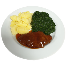 Runderlap Vleesjus Spinazie Aardappelen gekookt 